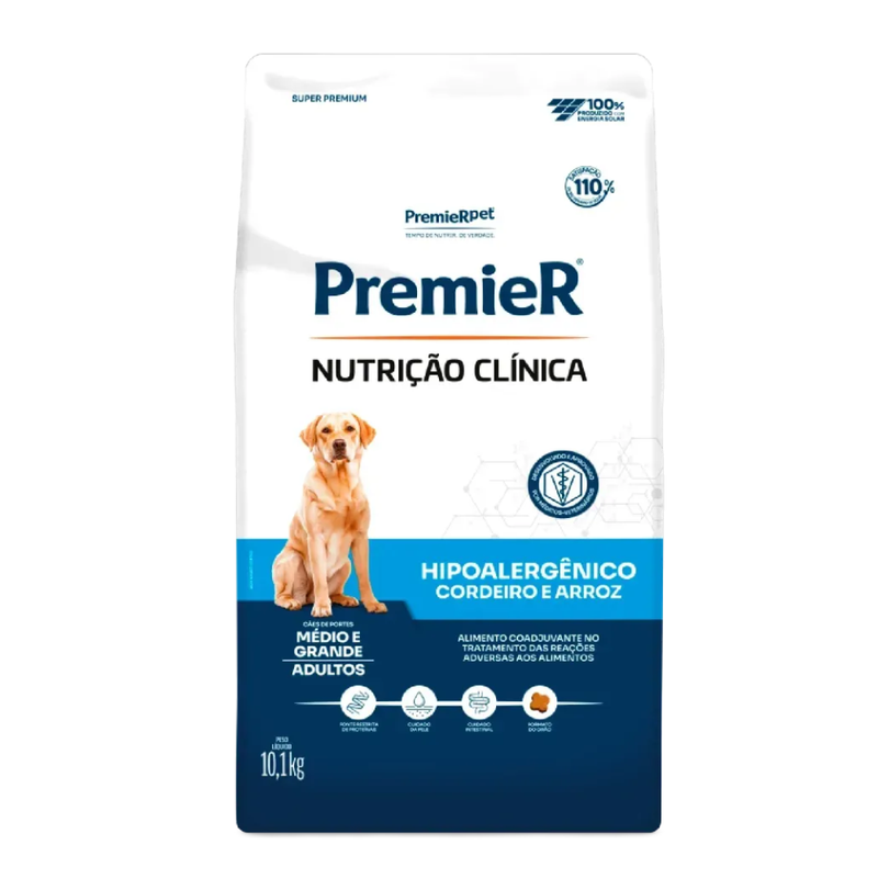 Ração Premier Nutrição Clínica Hipoalergênico Cordeiro e Arroz Cães Adultos Médio e Grande Porte 10,1kg