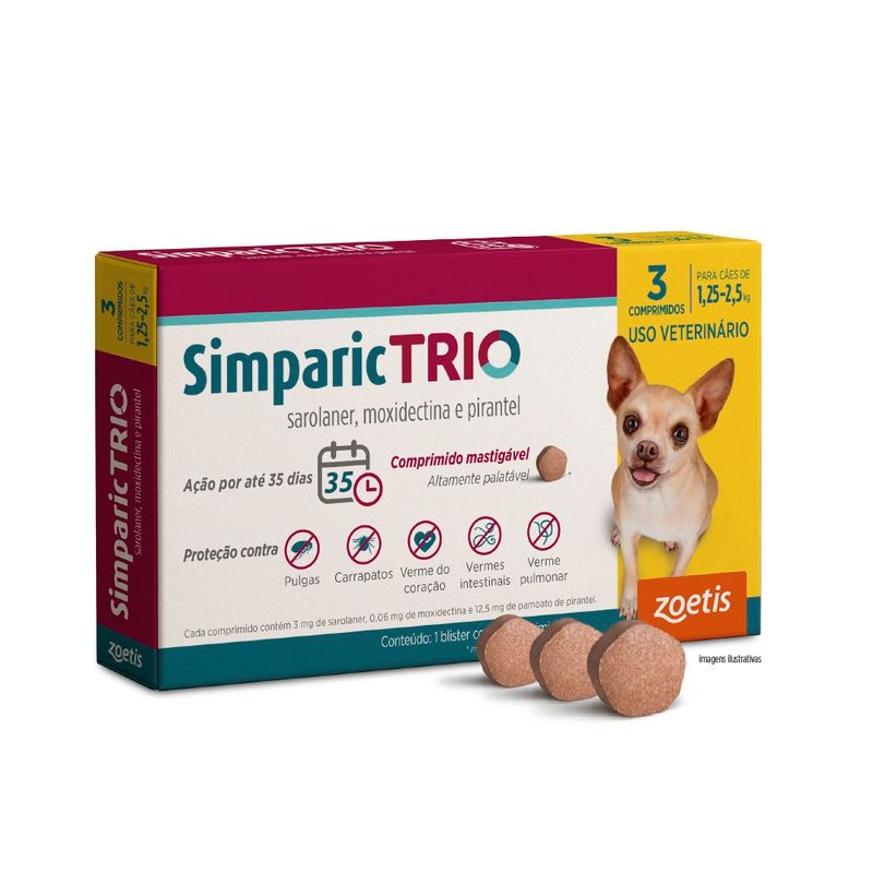 Simparic TRIO 3mg  Para Cães Com 1,25 a 2,5kg Zoetis - Embalagem com 3 comprimidos 