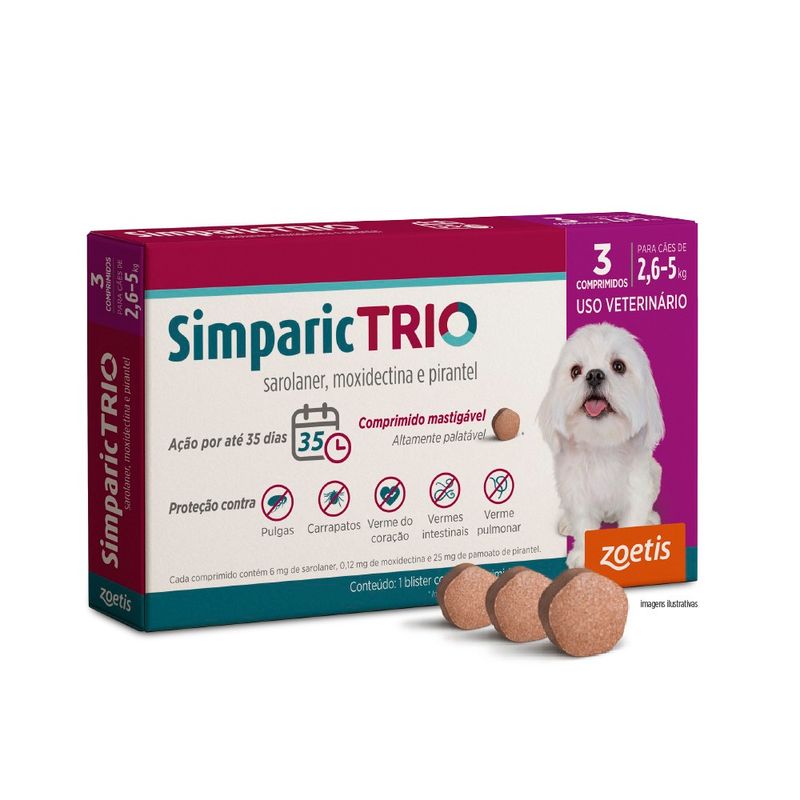 Simparic TRIO 6mg  Para Cães Com 2,6 a 5 kg Zoetis - Embalagem com 3 comprimidos 