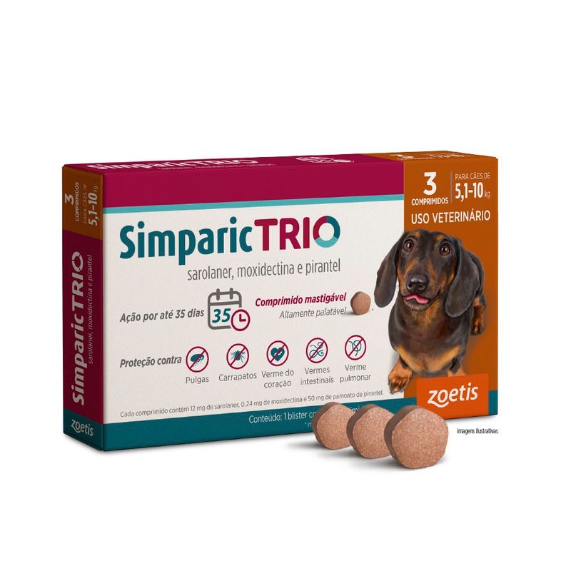 Simparic TRIO 12mg Para Cães Com 5,1 a 10kg Zoetis - Embalagem com 3 comprimidos 
