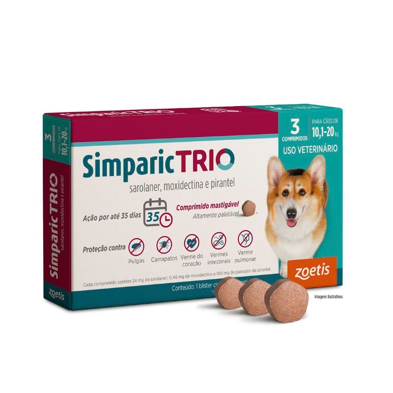 Simparic TRIO 24mg Para Cães Com 10,1 a 20kg Zoetis - Embalagem com 3 comprimidos 