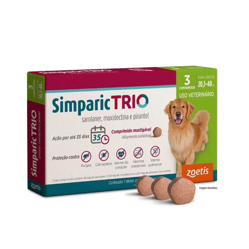 Simparic TRIO 48mg Para Cães Com 20,1 a 40kg Zoetis - Embalagem com 3 comprimidos