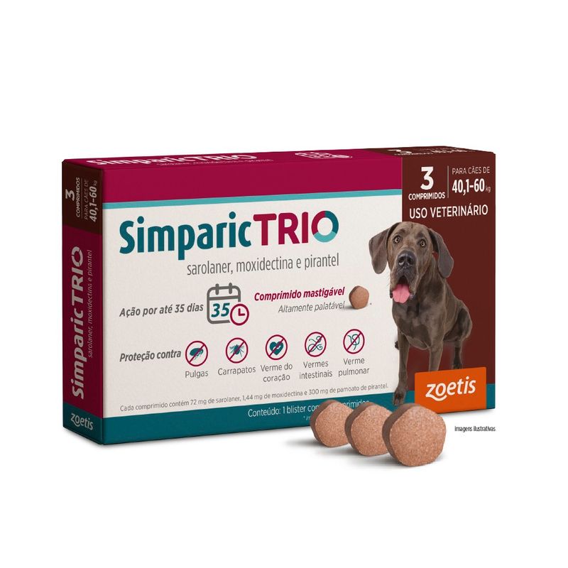 Simparic TRIO 72mg Para Cães Com 40,1 a 60kg Zoetis - Embalagem com 3 comprimidos