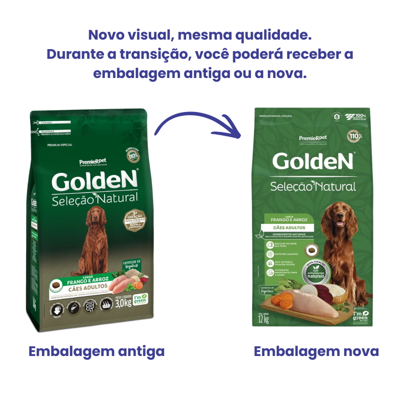 Ração Golden Seleção Natural Cães Adultos Frango e Arroz 12kg