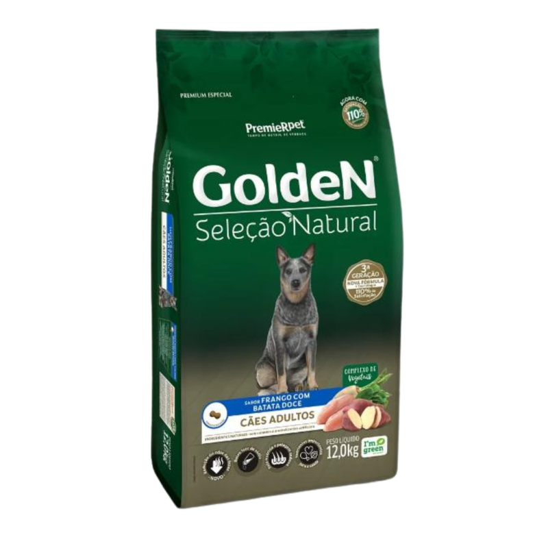 Ração Golden Seleção Natural Cães Adultos Frango e Batata-doce 12kg