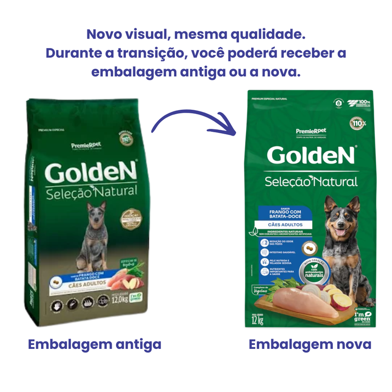 Ração Golden Seleção Natural Cães Adultos Frango e Batata-doce 12kg