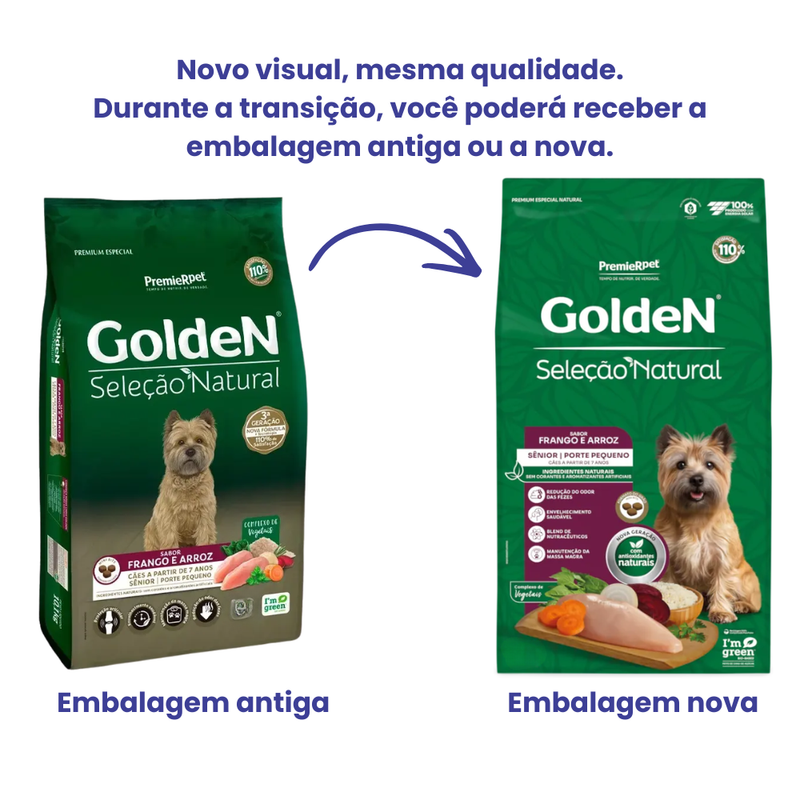Ração Golden Seleção Natural Cães Sênior Porte Pequeno Frango e Arroz 10,1kg