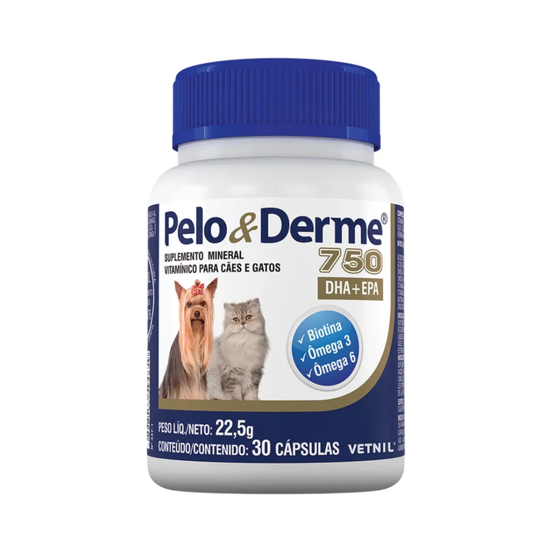 Pelo e Derme DHA + EPA 750 Suplemento para Cães e Gatos Vetnil 30 Cápsulas