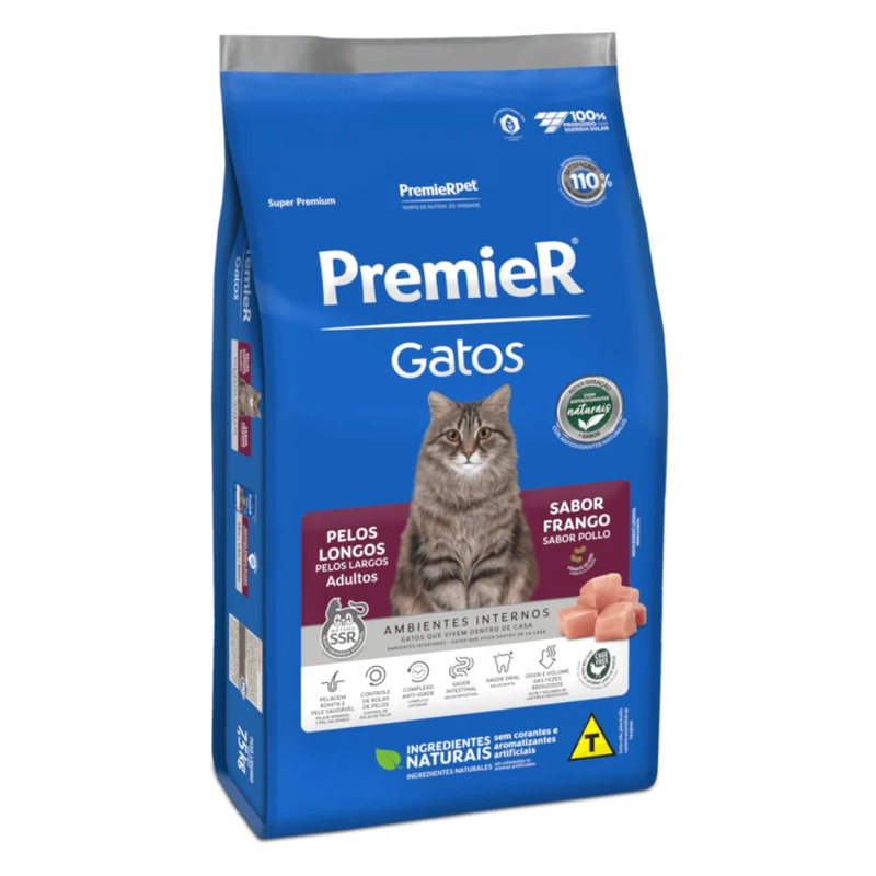 Ração Premier Ambientes Internos Gatos Adultos Pelos Longos Frango 7,5kg