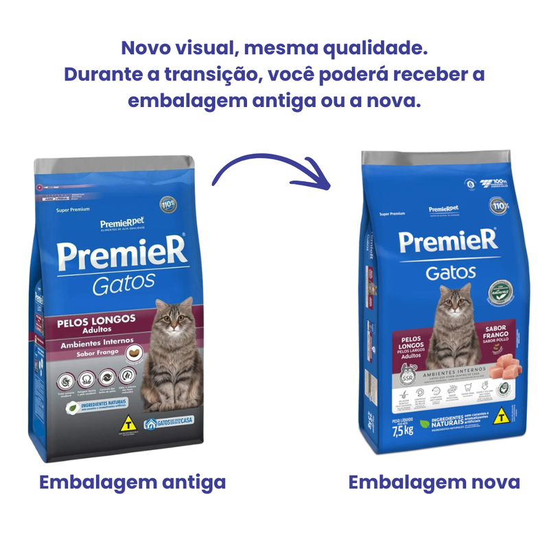 Ração Premier Ambientes Internos Gatos Adultos Pelos Longos Frango 7,5kg
