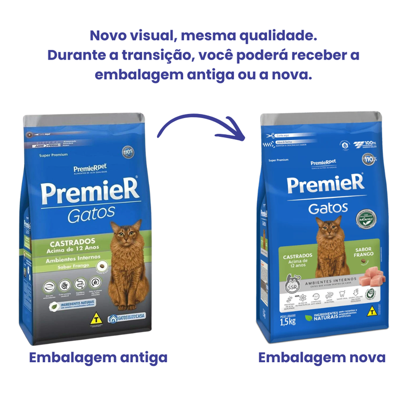 Ração Premier Ambientes Internos Gatos Castrados Acima de 12 anos Frango 500g