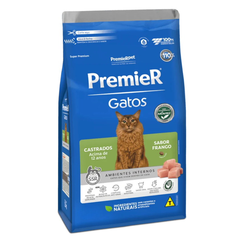 Ração Premier Ambientes Internos Gatos Castrados Acima de 12 anos Frango 500g
