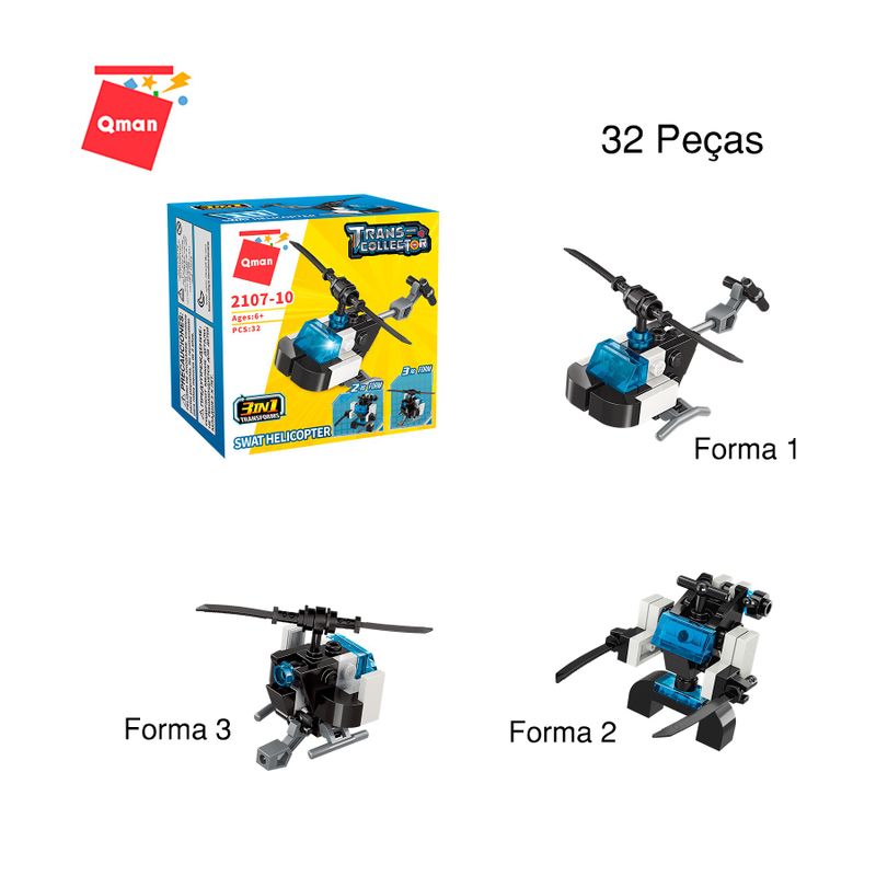 Bloco de Montar Helicóptero Trans Collector Bombeiro e Polícia 3 em 1 Keepplay