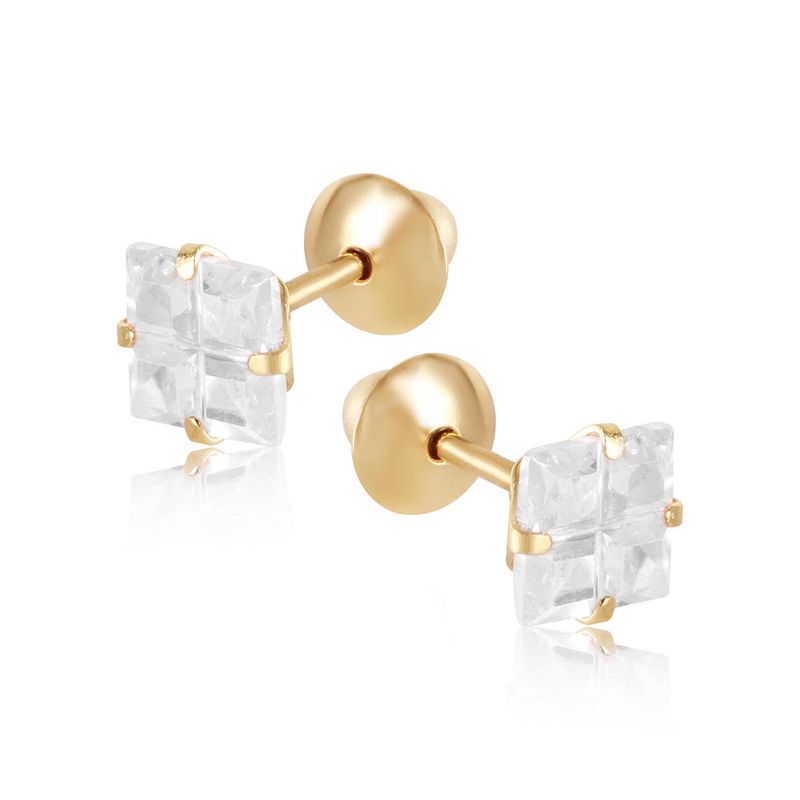 Brinco Ouro 18k Quadrado Zircônia 104456