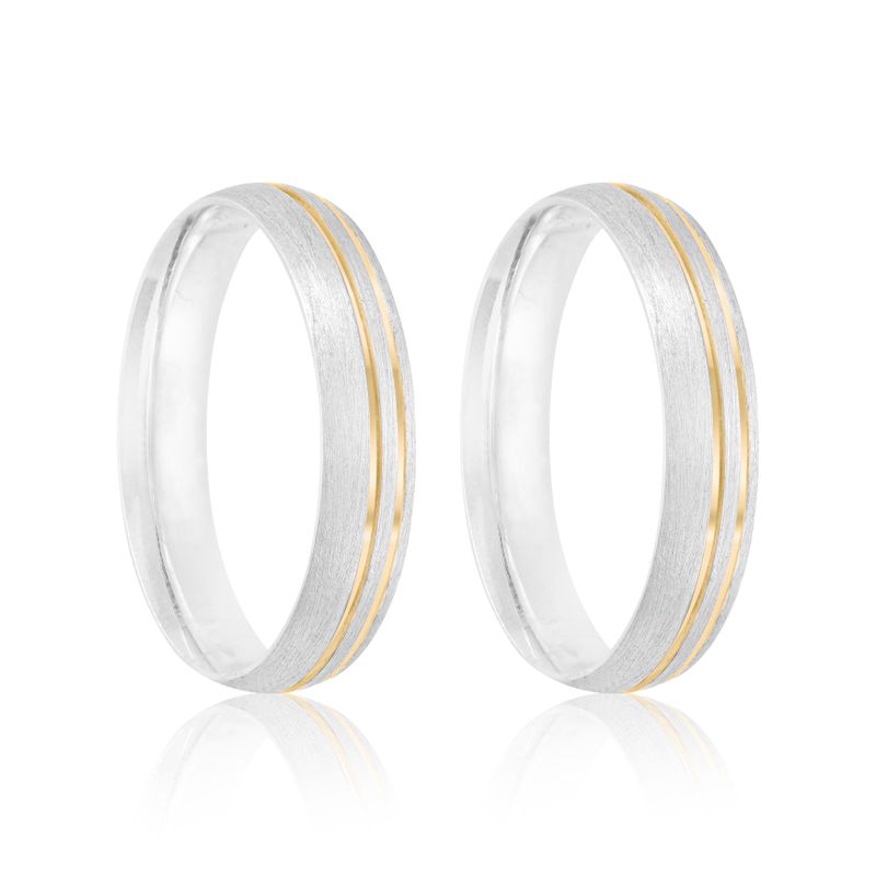 Par Aliança Prata Abaulada Semi Anatômica Friso Dourado (801293)