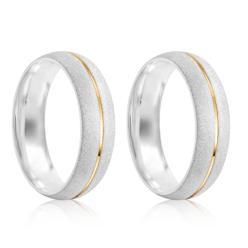Par Aliança Prata Abaulada Semi Anatômica  Dourado Friso  6mm  801192