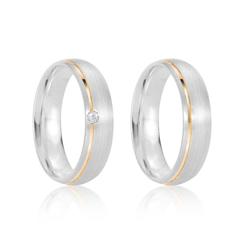 Par Aliança Prata Abaulado Semi Anatômica  Dourado Friso 6mm 801245/801244