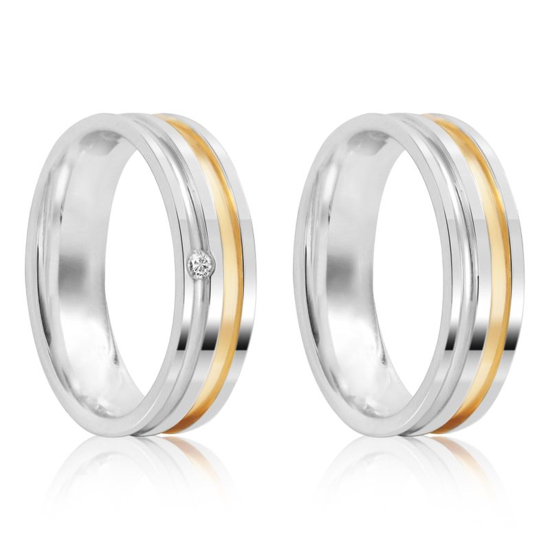 Par Aliança Prata Reta Semi Anatômica  Dourado Friso 6mm 800475/800474