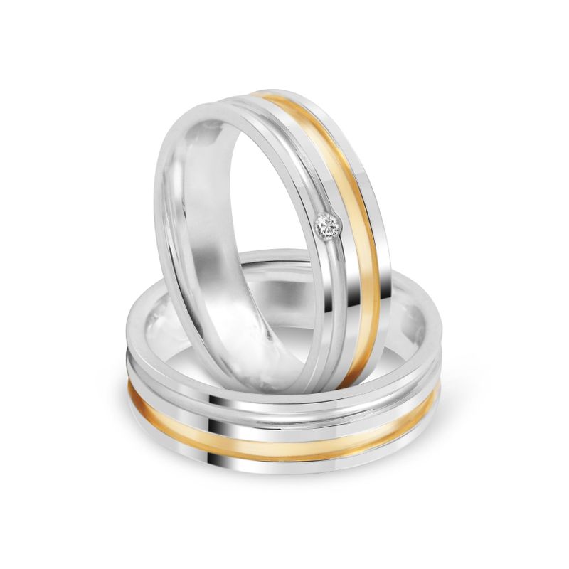 Par Aliança Prata Reta Semi Anatômica  Dourado Friso 6mm 800475/800474