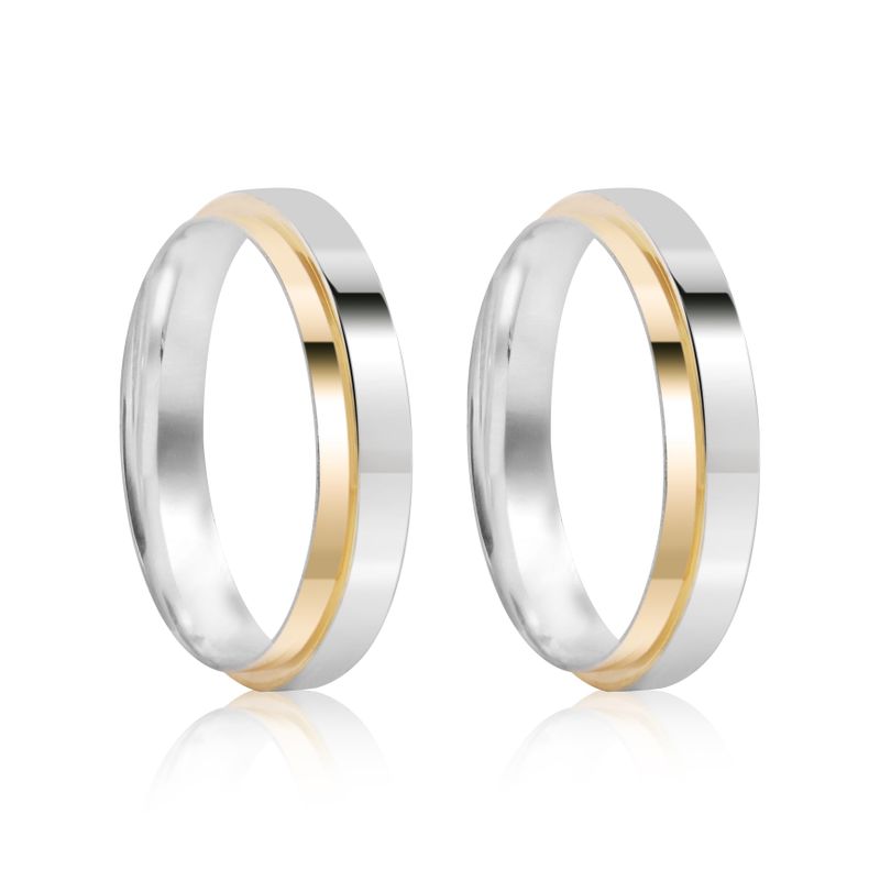 Par Aliança Prata Reta Semi Anatômica  Dourado Friso 4mm 800597