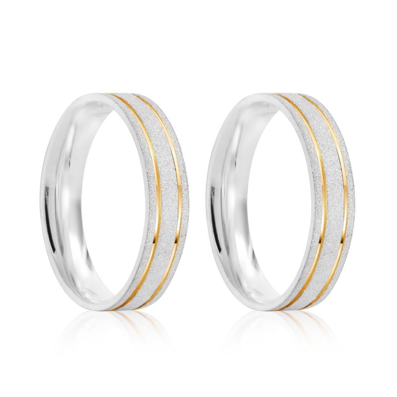 Par Aliança Prata Reta Semi Anatômica  Dourado Friso 4mm  801193