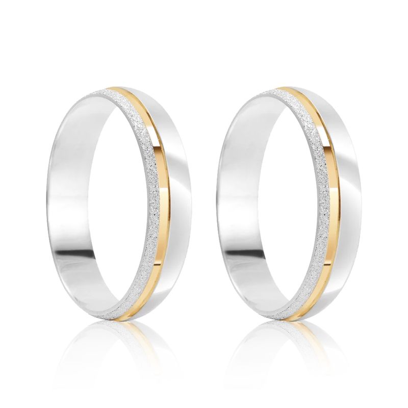 Par Aliança Prata Abaulada Semi Anatômica  Dourado Friso 4mm 800601