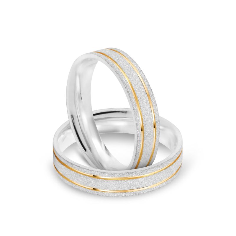 Par Aliança Prata Reta Semi Anatômica  Dourado Friso 4mm  801193