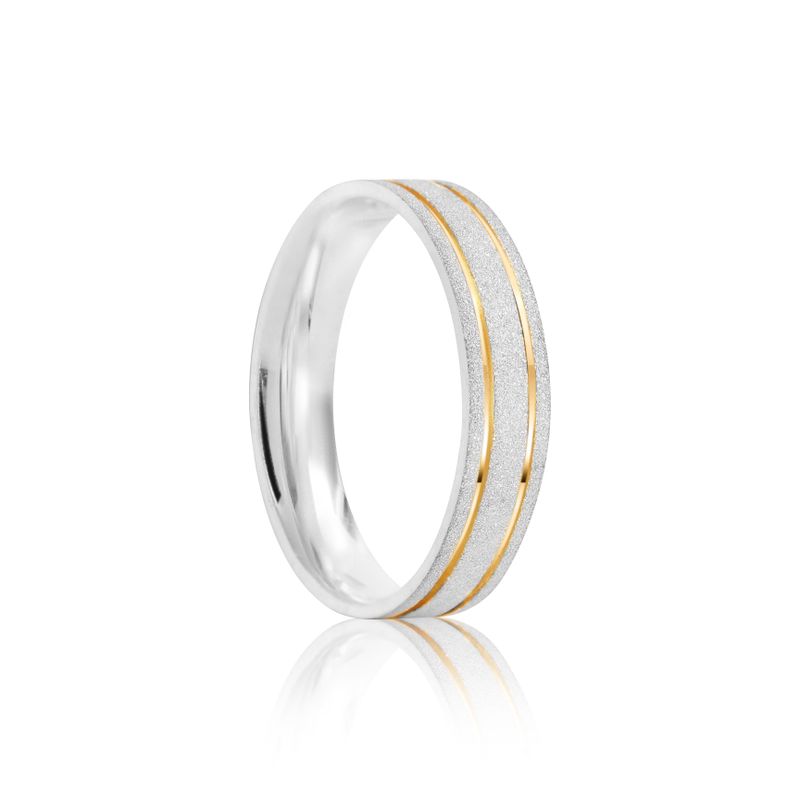 Par Aliança Prata Reta Semi Anatômica  Dourado Friso 4mm  801193