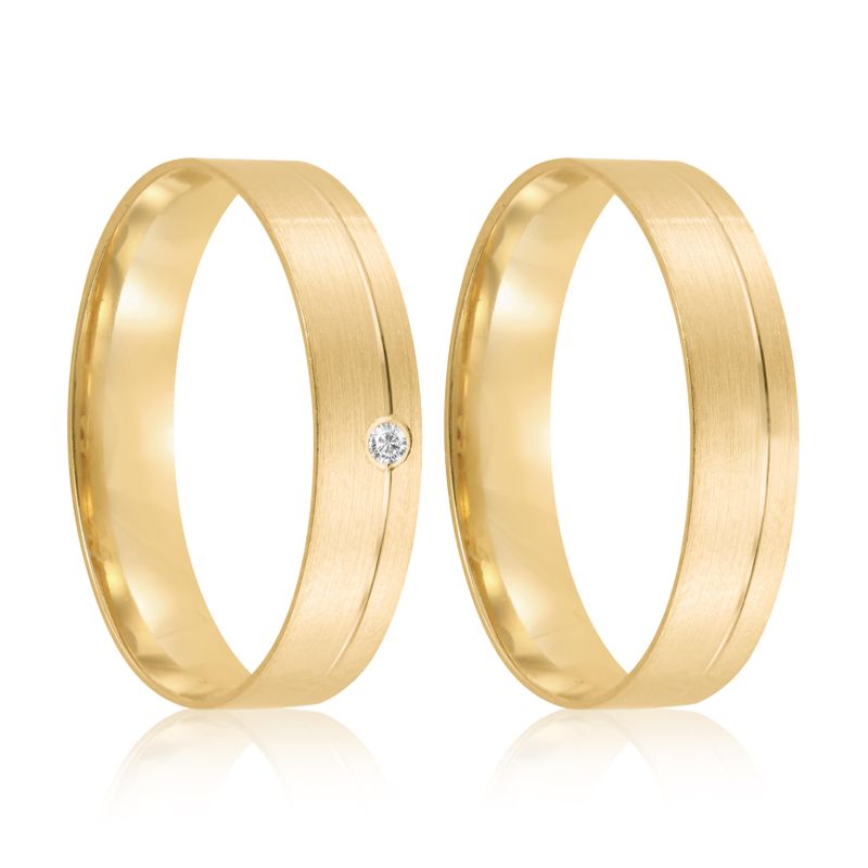 Par Aliança Ouro 18k Reta 4mm Diamante 1pts (802043/2044)