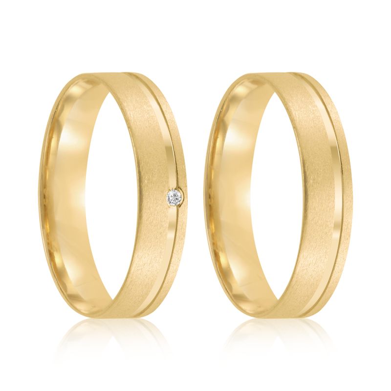Par Aliança Ouro 18k Reta 4mm Diamante 1pts (802056/2057)