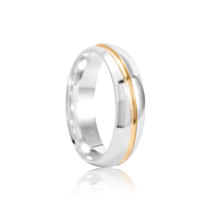 Aliança Prata Individual Abaulada Semi Anatômica Dourado Friso 6mm 800473/800472