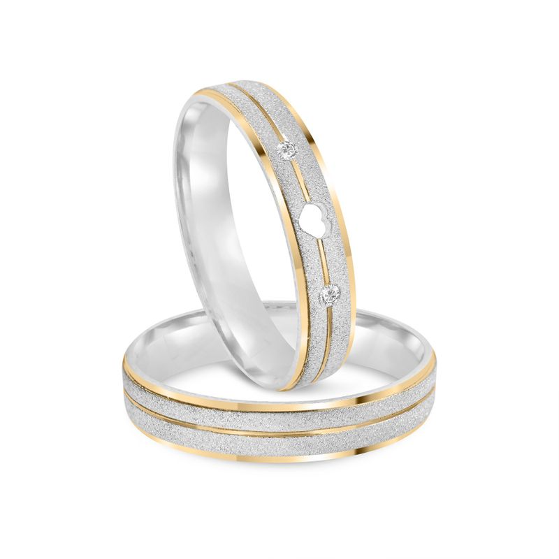 Par Aliança Prata  Reta Semi Anatômica Dourado Coração Friso  4mm  802160/802161