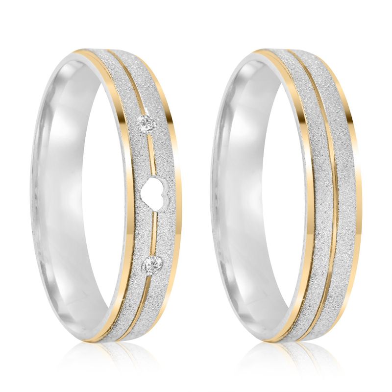 Par Aliança Prata  Reta Semi Anatômica Dourado Coração Friso  4mm  802160/802161