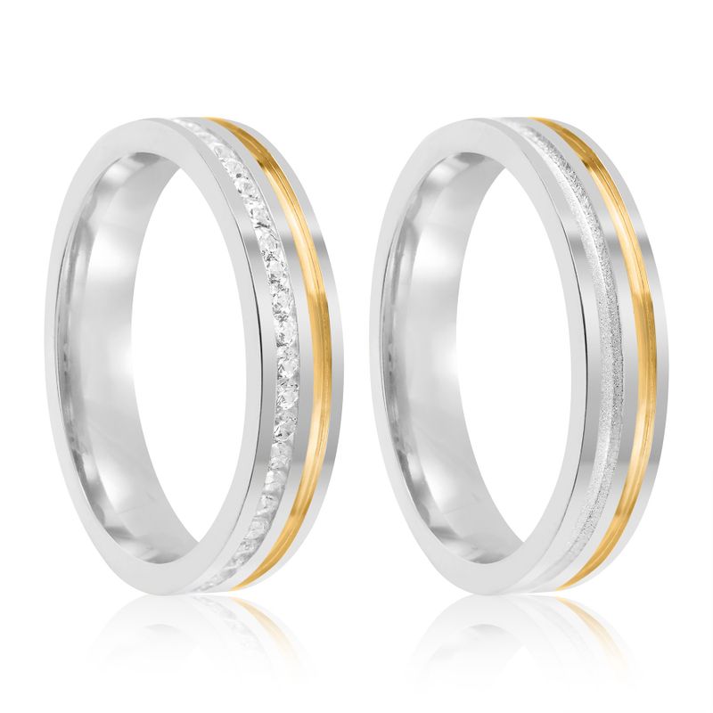 Par Aliança Prata  Reta  Semi Anatômica  Dourada  Friso  4mm  802170/802171