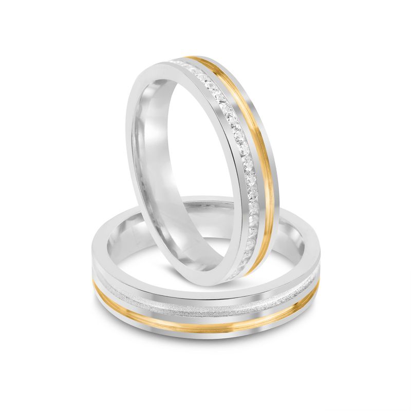 Par Aliança Prata  Reta  Semi Anatômica  Dourada  Friso  4mm  802170/802171