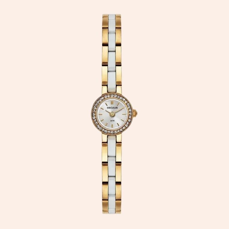 Relógio Seculus Mini Cerâmica Dourado e Branco com Cristais 77294LPSVDQ1