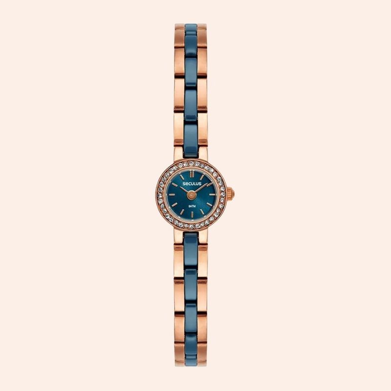 Relógio Seculus Mini Cerâmica Rosê Azul com Cristais 77294LPSVRQ4