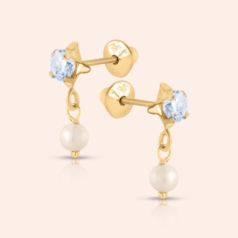 Brinco Ouro 18K Infantil Zircônia Pérola 104435