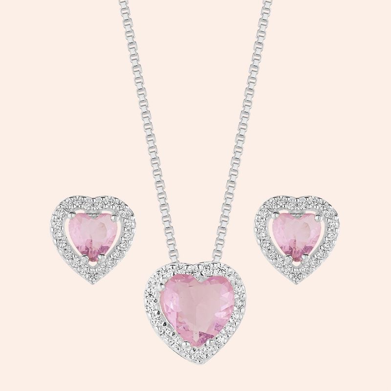 Conjunto Prata Coração Zircônia Rosa