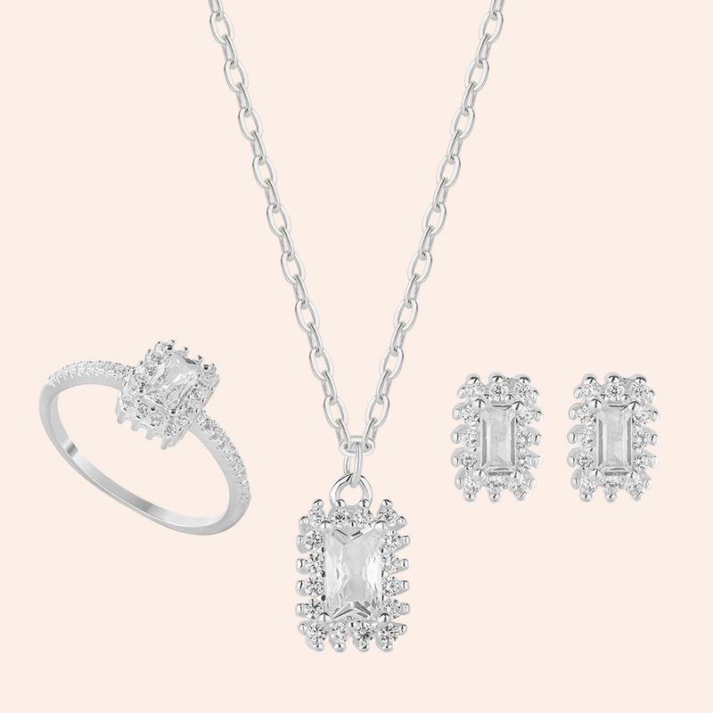 Conjunto Prata Retângular Zircônia Branca 3100873