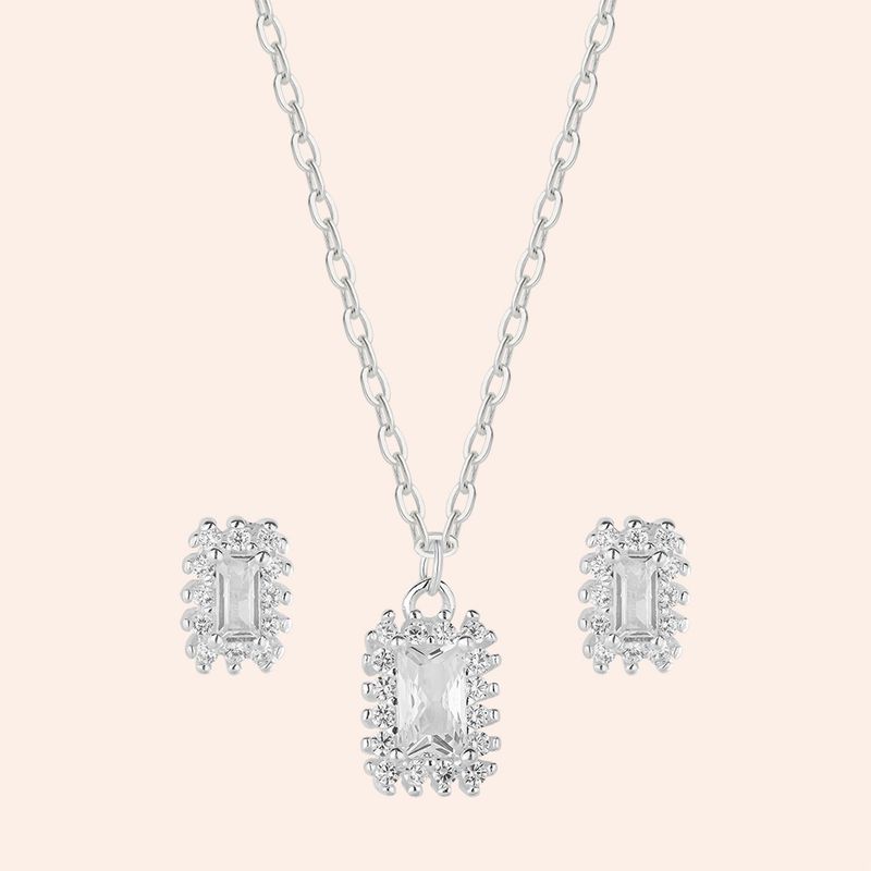 Conjunto Prata Retângular Zircônia Branca 3100873