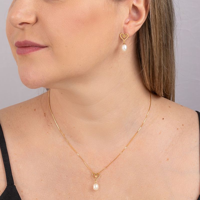 Pingente Ouro 18k Pérola Biwa Coração Vazado 513690