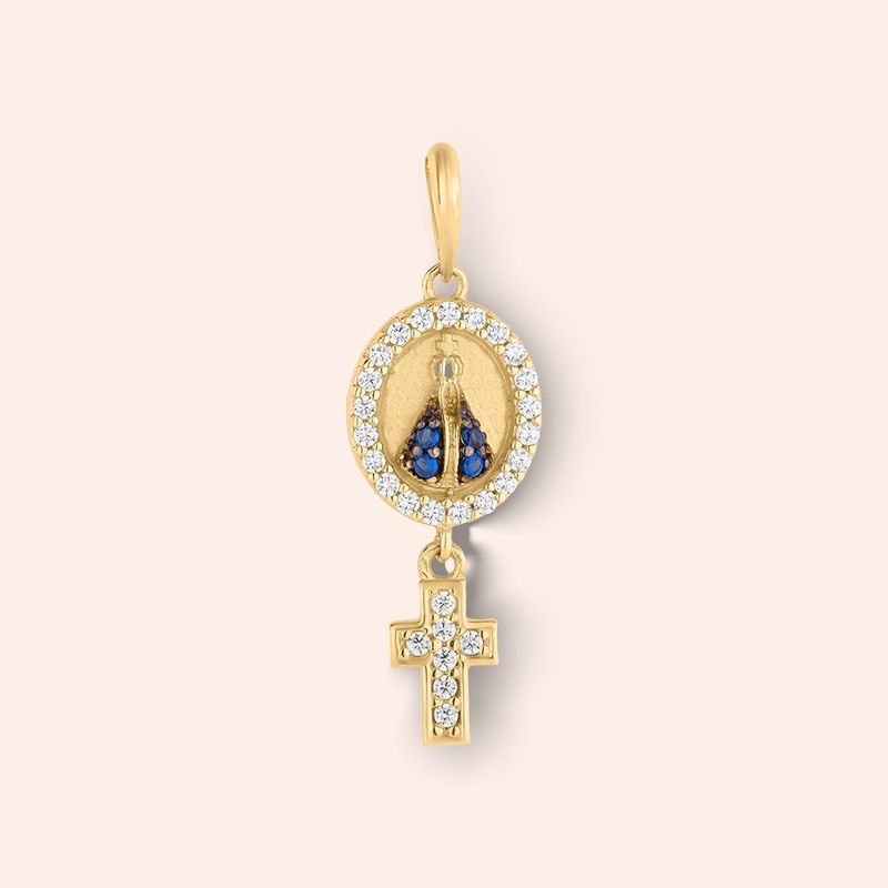 Pingente Ouro 18K Nossa Sra Aparecida Cruz e Zircônias 516903