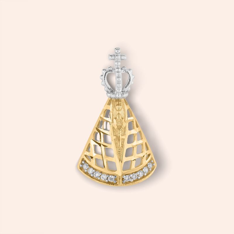 Pingente Ouro 18K Nossa Sra Aparecida Vazada Zircônia 517906