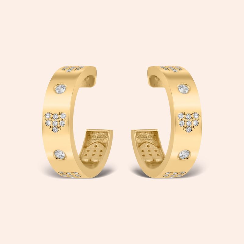 Brinco Ouro 18k Meia Argola Zircônia Coração 116810