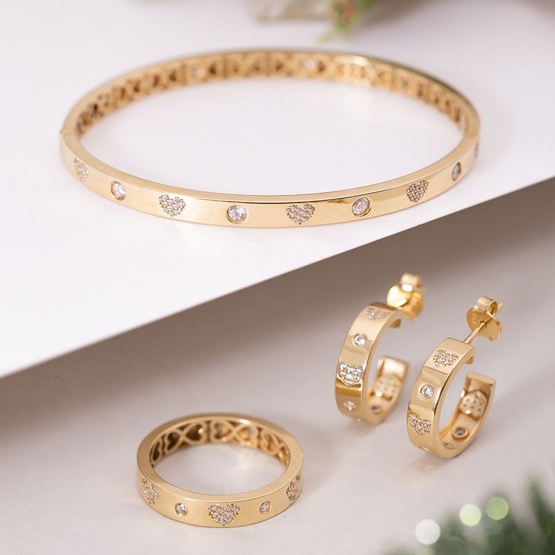 Brinco Ouro 18k Meia Argola Zircônia Coração 116810