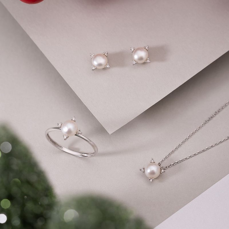 Anel Ouro Branco 18k Pérola Diamante 313376
