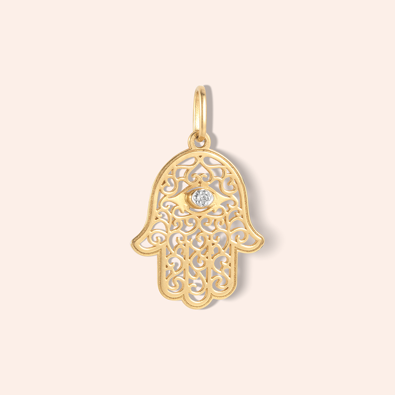 Pingente Ouro 18k Hamsa Diamante 1 ponto