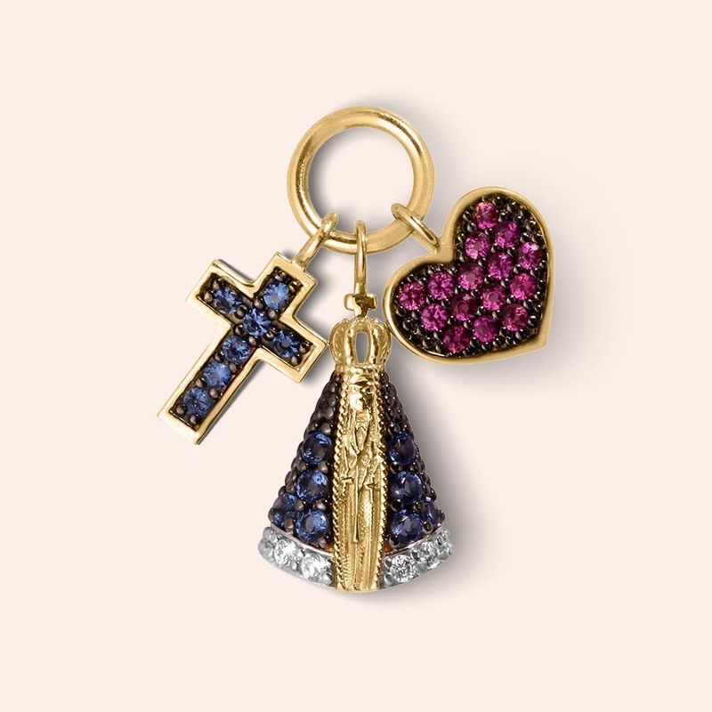 Pingente Ouro 18K Nossa Senhora Cruz Coração Zircônia 511200