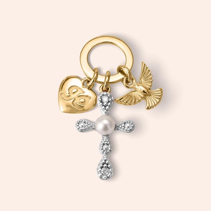 Pingente Ouro 18K Cruz Espirito Santo Coração Diamante 1 Ponto